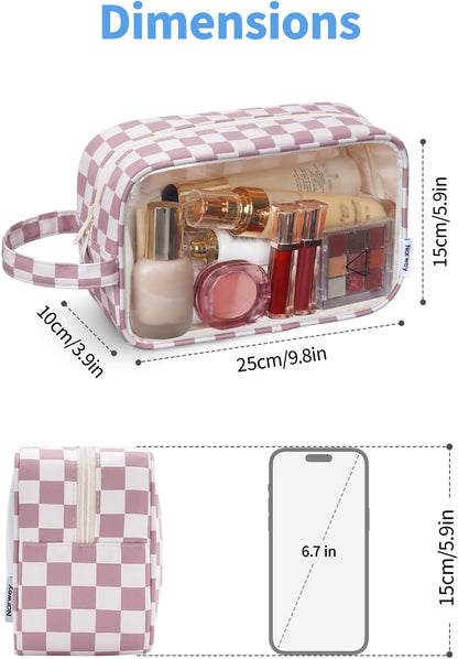 Narwey Clear Toiletry Bags for Traveling Women Men, Clear Travel Bags for Toiletries Makeup Bag Cosmetic Bag with Zipper, Make Up Organizer, Skincare Bag (Dusty Pink Checkerboard)