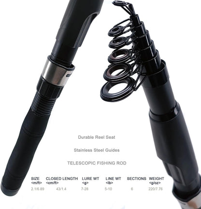 Fishing Rod Reel Combos, 2PCS 2.1m/6.89ft Collapsible Fishing Rods + 2PCS Spinning Reels + Fishing Lines Fishing Lures Carrier Bag, Telescopic Fishing Pole Set Sea Saltwater Freshwater Kit