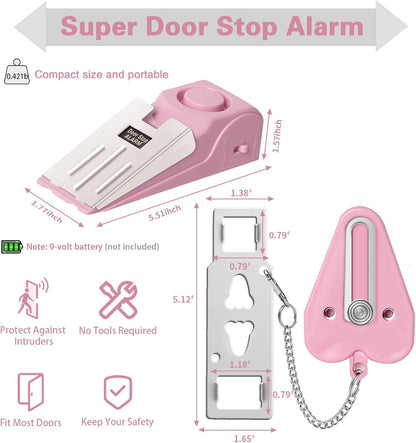 Portable Door Lock & Door Stop Alarm Set, Dual Protection Home Security Door Kit, Travel Hotel Door Lock Devices Pocket Self Defensey Tools for Traveling Hotel Home Apartment,Pink
