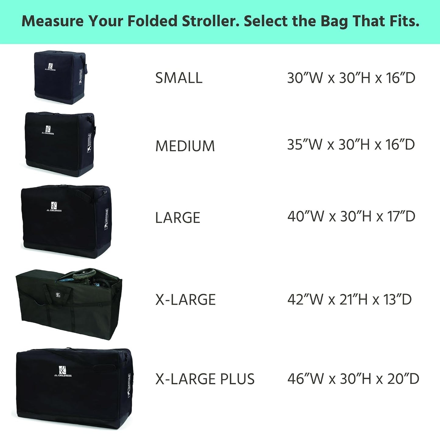 J.L. Childress Universal Stroller Travel Bag for Airplane - Fits Most Baby Strollers, Flying Essentials, Airport Accessories for Gate or Luggage Check, ID Card, AirTag Compatible - Medium, Padded