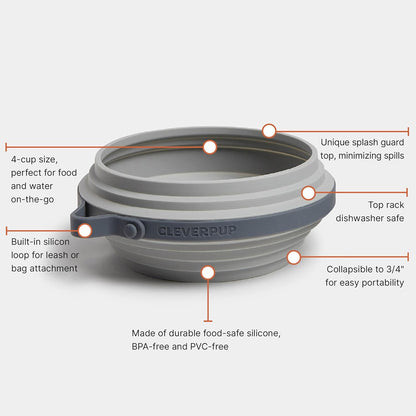 Nomad Large Collapsible Dog Bowl - 4 Cup Food-Safe Silicone Travel Bowl for Dogs, Portable & Sturdy, Food/Water, Dishwasher Safe - Grey