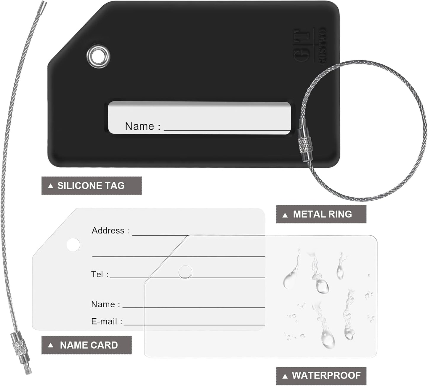 8 Pcs Luggage Tags for Suitcases, 26 Initial Letter Travel Luggage Baggage Identification Labels ID Tags Fully Bendable Tags with Stainless Steel Loop (Letter M, Black)