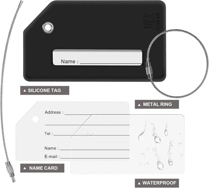 8 Pcs Luggage Tags for Suitcases, 26 Initial Letter Travel Luggage Baggage Identification Labels ID Tags Fully Bendable Tags with Stainless Steel Loop (Letter M, Black)