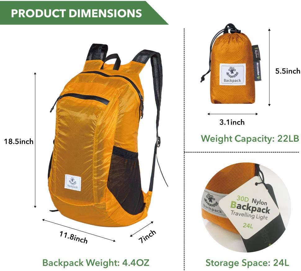 4Monster Hiking Daypack,Water Resistant Lightweight Packable Backpack for Travel Camping Outdoor