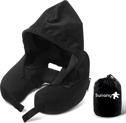 Neck Pillow for Travel Inflatable Airplane Pillow Comfortably Supports Head,Neck and Chin,Inflatable Travel Pillow with Soft Velour Cover,Hat,Portable Drawstring Bag (Black)