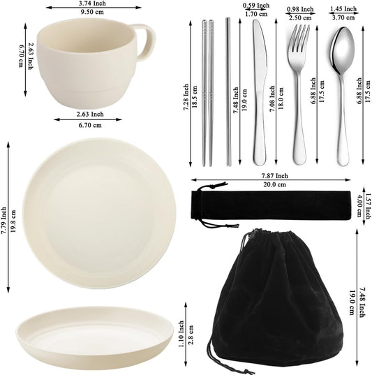 Camping Essentials Set, HOMQUEN Camping Plates and Bowls Set, Coffee Mug, Travel Cutlery Set Include Spoon, Fork, Knife for Work, Outdoor,Picnic, Camp （White）