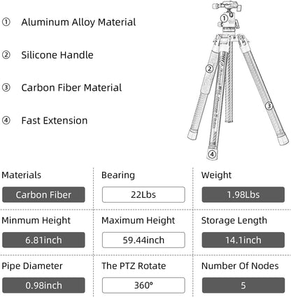 Fotopro Carbon Fiber Tripod 60 Inch 360 Degree Ball Head Quick Release Plate Lightweight Camera Tripod for Travel Tripod Folded Height Only 14.2",Max Loads up to 22lbs,Orange