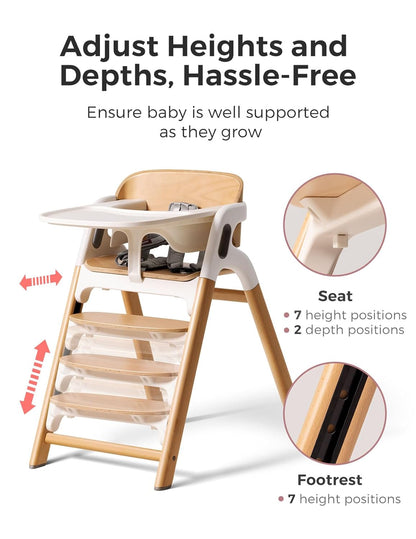 Momcozy DinerPal Wooden High Chair for Babies, Toddlers & Adults Up to 308 Lbs, Convertible Baby Highchair with Food-Grade Tray, Dishwasher-Safe, Adjustable & Ergonomic, Natural Wood