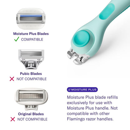 Flamingo Moisture Plus Women's Razor Set - Razor Handle, 4 Blade Refills, Shower Holder - Seafoam