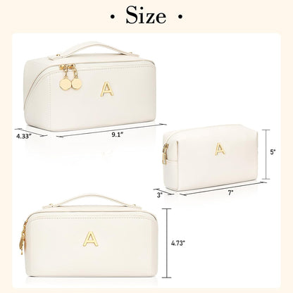 Birthday Gifts for Women Teen Girl, Personalized Initial Makeup Organizer Bag Set, Open Flat Travel Cosmetic Bag With Clear Divider and Handle(Beige,A)