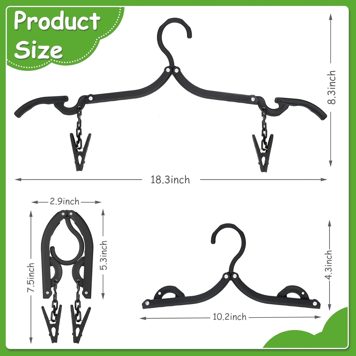 Folding Travel Hangers Foldable with Clips Folding Clothes Hangers Portable Foldable Hangers Collapsible Coat Hanger Travel Drying Rack for Clothes (Black, 12 Pieces)