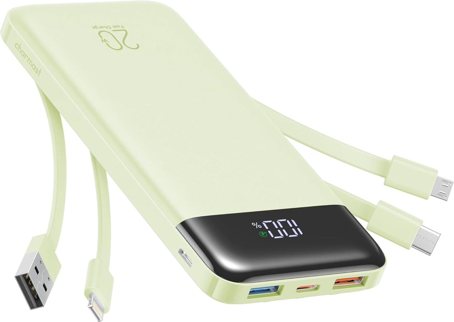 charmast 20000mAh Portable Charger with Built in Cables, 22.5W Travel Power Bank Fast Charging, USB C Cell Phone Battery Pack for iPhone 16/15/14/13/12/11 Series, iPad, Samsung, Android, Tablet