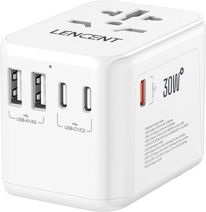 LENCENT Universal Travel Adapter, GaN III 30W International Charger with 2 USB&3 Type-C PD Fast Charging Ports, Worldwide Plug Adaptor for iPhone, Laptops, Type A/C/G/I (USA/UK/EU/AUS), White