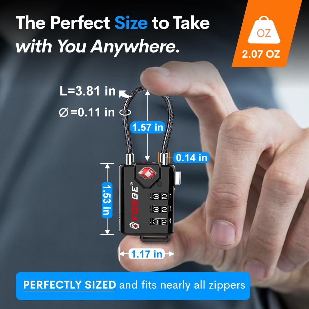 TSA Approved Cable Luggage Locks, Re-settable Combination with Alloy Body, Black 2 Locks.