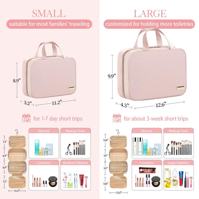 HOTOR Travel Toiletry Bag w/Hanging Hook - Spacious Toiletry Bag Essentials for Women & Men, Makeup Bag/Big Comparment, Waterproof for Travel Accessories, Medium, Pink