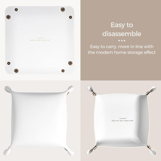 Leather Valet Tray, Premium Catchall Trays, Jewelry Trays, Decorative Desk Organizer,Folding Travel Organizer,Office/Home Organization Trays (Large Medium and Small, 3PCS)(White)