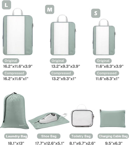 Gonex 8 Set Compression Packing Cubes for Travel Essentials, Expandable Mesh Organizer with Toiletry, Laundry, Shoe, Cable Bags for Suitcases, Gray