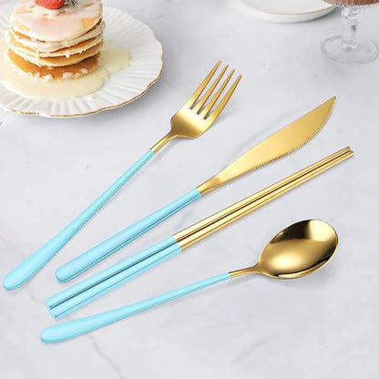 AARAINBOW 6 Pieces 18/8 Stainless Steel Flatware Set Portable Reusable Cutlery Set Travel Utensils Set Including Chopsticks Knife Fork Spoon Straws Cleaning Brush Dishwasher Safe (Light Blue Golden)