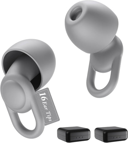 Silicone Ear Plugs for Noise Reduction - Reusable Soft Comfortable Earplugs for Sleeping,Noise Sensitivity & Flights -16 Ear Tips in XS/S/M/L, with 2 Travel Boxes - 33dB Noise Cancelling (Grey)