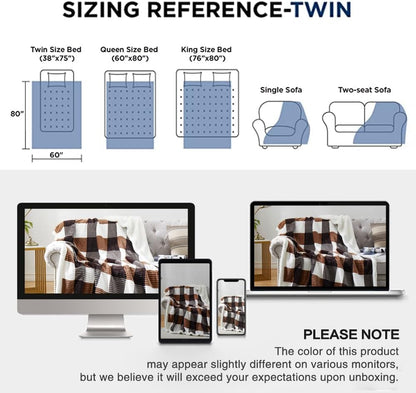 PU MEI Sherpa Blanket Twin Plaid Thick Bed Blanket, 60”*80” Super Soft Flannel Fuzzy Fleece Reversible Velvet Plush Warm Blanket for Couch(Brown-Check, 60"*80")