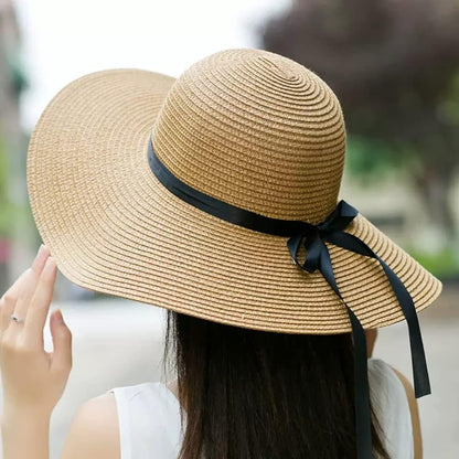 DRESHOW Beach Hats for Women Big Straw Wide Brim Summer Hat Floppy Foldable Roll up Cap Sun Hat UPF 50+
