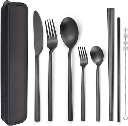 AARAINBOW 6 Pieces Stainless Steel Flatware Set Portable Reusable Cutlery Set Travel Utensils Set Including Chopsticks Knife Fork Spoon Straws Cleaning Brush Dishwasher Safe (B-Black)