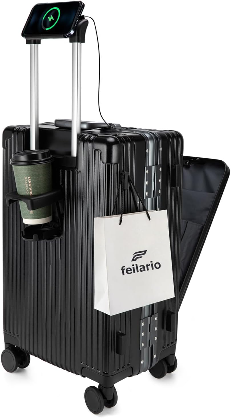feilario 20in Aluminium Frame PC Hard Shell Spinner Wheels Luggage, Built-In TSA lock Carry on Suitcase, with Cup Holder, USB Port, Phone Holder