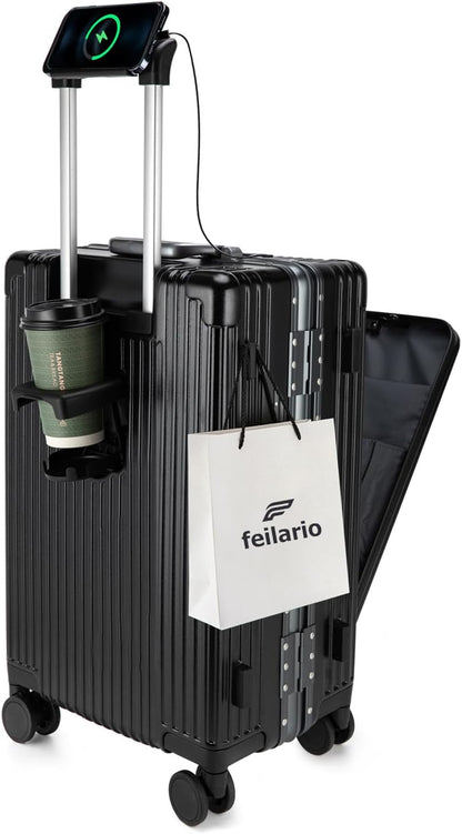 feilario 20in Aluminium Frame PC Hard Shell Spinner Wheels Luggage, Built-In TSA lock Carry on Suitcase, with Cup Holder, USB Port, Phone Holder