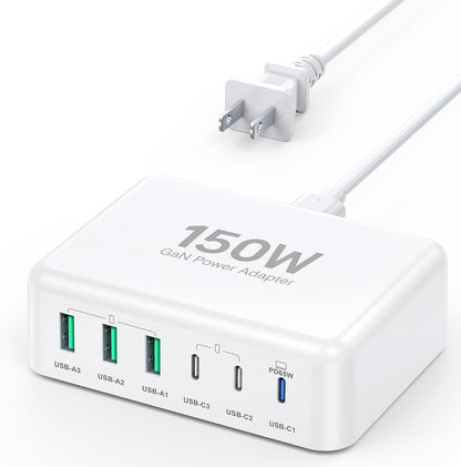 USB C Fast Charger Block, 150W 6 Port Desktop PD GaN Fast Charger Charging Station Block 65W USB C Laptop Power Adapter for MacBook Pro/Air iPad iPhone 16 15 14 13 12 Pro Max Galaxy S23 Note 20 Pixel