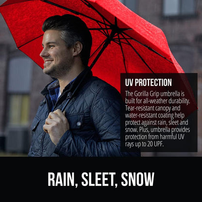 GORILLA GRIP Strong Stick Umbrella for Rain, Compact Travel One-Click Automatic Open Close, Lightweight, Portable, US Designed Reinforced Fiberglass Ribs, Wind Resistant, Easy Collapse, Red