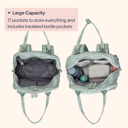 BabbleRoo Diaper Bag Backpack - Baby Essentials Travel Tote - Multi Function Water Resistant Diaper Bag, Travel Essentials Baby Bag with Changing Pad, Stroller Straps & Pacifier Case - Green Birdy
