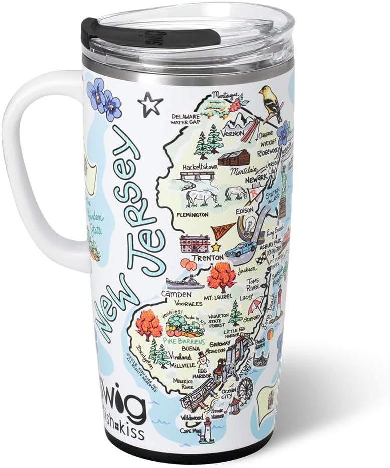 Swig Life 22oz Travel Mug, Insulated Tumbler with Handle and Lid, Travel Coffee Mug, Cup Holder Friendly, Stainless Steel 22 oz Tumbler, Reusable Insulated with Lid (New Jersey)
