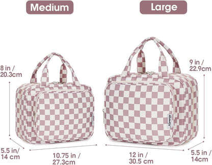 Narwey Travel Toiletry Bag for Women Large Hanging Makeup Bag Organizer Toiletries Bag for Full Size Essentials Accessories Cosmetics (Dusty Pink Checkerboard (Large))
