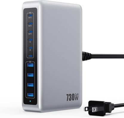 730W USB C Charger Block,GaN IV Fast Charging Station Hub 10 Ports,QC4.0+3 PD 100W USB C Laptop Charger Ports Power Adapter Compatible with MacBook Air/Pro,DELL,iPhone 16/15/14/13,iPad,Steam Deck