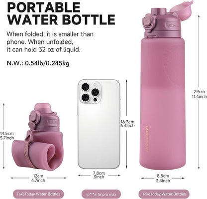 TakeToday Collapsible Water Bottles 32oz, Foldable Travel Water Bottle, BPA Free, Silicone Water Bottle Leakproof for Hiking, International Travel, Outdoors