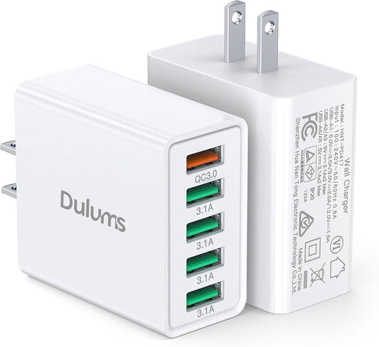 50W USB Wall Charger Block,2Pack 5-Port Charger Fast Charging Block QC 3.0 Multiport Box Brick Cube USB A Wall Plug for iPhone 17/16/15/14 Pro Max Plus, iPad,Galaxy, LG, Moto, Android Phones,AirPorts