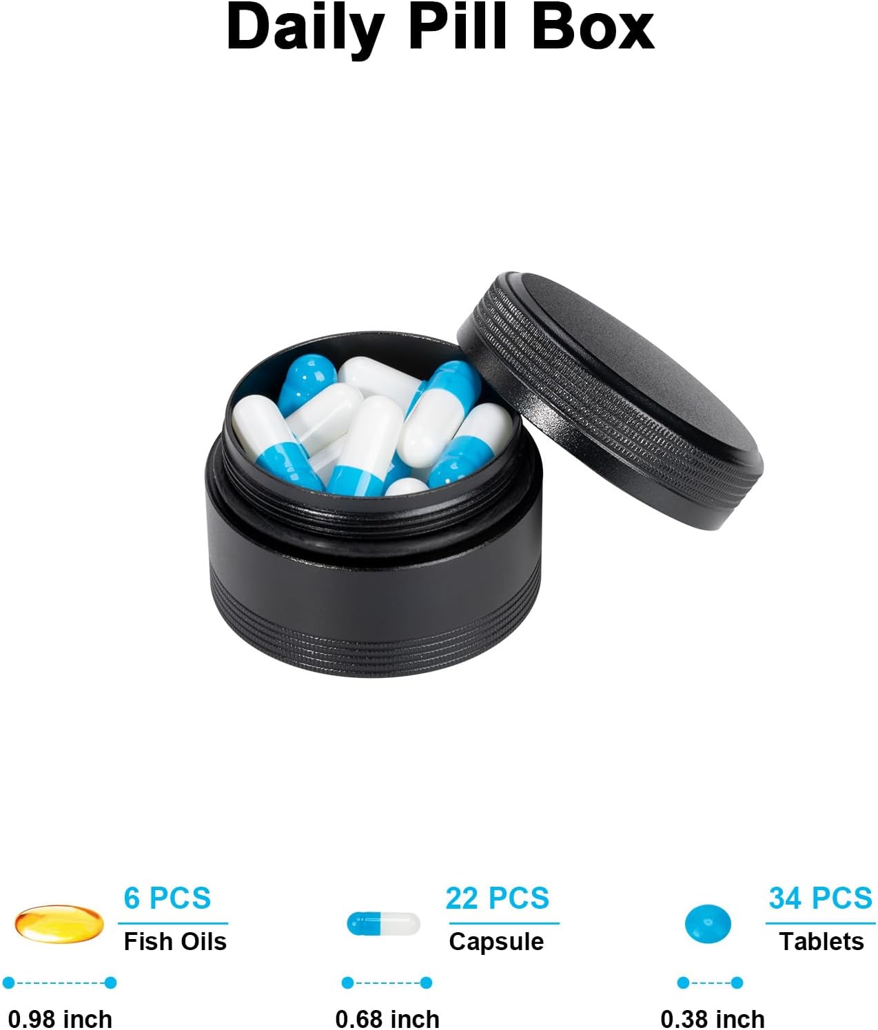XHT Small Round Black Pill Box - Single Waterproof Portable Pill Container for Pocket & Purse, Travel Medicine Organizer, Compact Aluminum Pillbox Holder for Medication, Fish Oil