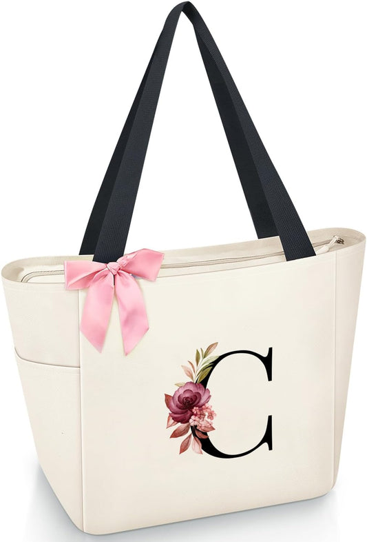 Vavabox Tote Bag, A-Z Initial Monogrammed Waterproof Tote Bag, Bridesmaid Gifts for Women, Black and Pink
