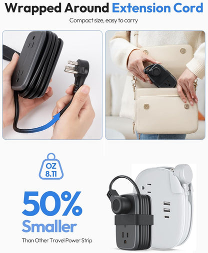 Travel Power Strip with USB C Port, NTONPOWER Flat Plug Extension Cord with 4 Outlets 3 USB (1 USB C) for Cruise Ship Essentials, 4ft Wrapped Short Extension Cord for Hotel Dorm Room,1 Pack