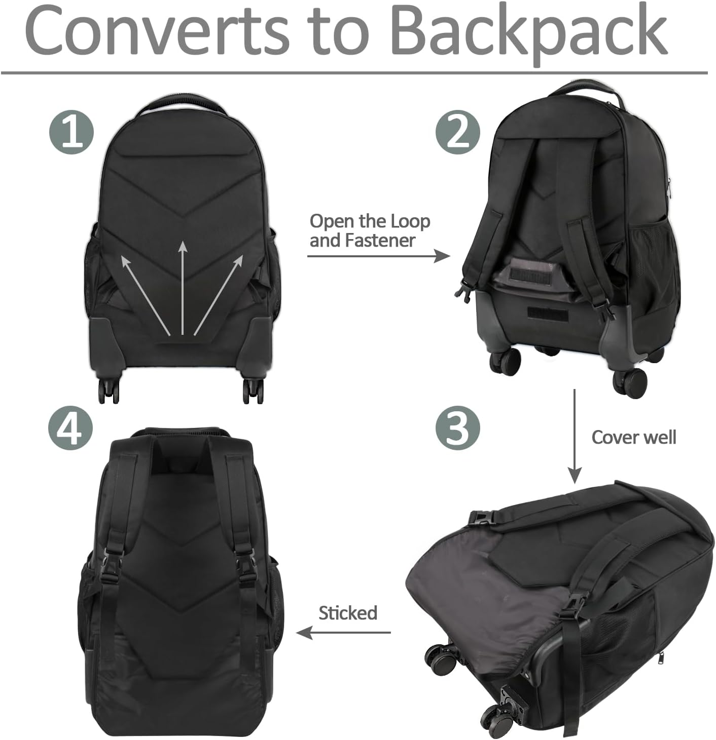 MATEIN Roller Backpack, 18 inch Large Travel Laptop Bag with 4 Wheels for Adults, Heavy Duty Wheeled Suitcase Luggage Pack for Work Business, Rolling Spinner Computer Rucksack for Men Women, Black