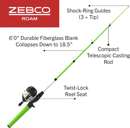 Zebco Roam Telescopic Fishing Rod and Spinning or Spincast Fishing Reel Combo, Durable 6-Foot Fiberglass Rod with ComfortGrip Handle, Pre-spooled with Zebco Cajun Fishing Line