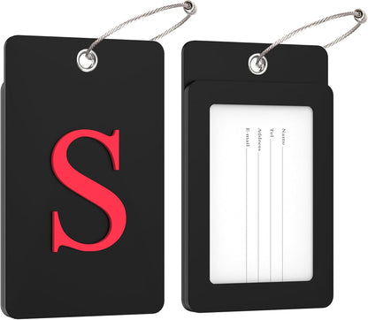 Gostwo 2 Pack Luggage Tags for Suitcases, 26 Initial Letter Travel Luggage Baggage Identification Labels ID Tag Fully Bendable Tags with Stainless Steel Loop (Black) (Letter S)
