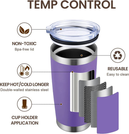 MEWAY 20oz Tumbler Cup Double Wall Vacuum Insulated Travel Mug Bulk, Stainless Steel Tumblers with Lid and Straw, Durable Powder Coated Coffee Cups for Cold & Hot Drinks (Purple, 1)