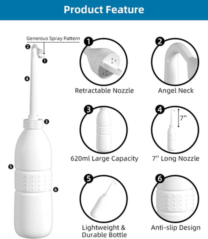 Hibbent Portable Bidet for Travel, Handheld Travel Bidet for Personal Hygiene Care, Personal Cleansing Use, Extended Nozzle, 21.8oz(620ml) , White
