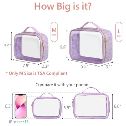 PACKISM Floral Texture Lace TSA Approved Toiletry Bag - 180° Opening Clear Makeup Bags in 2 Size, Clear Toiletry Bags with Handle, 0.5 mm Thick Non-deformable No Smell, Purple