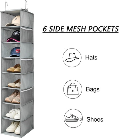 Hanging Shoe Organizer for Closet with Side Mesh Pockets，Hat Racks for Baseball Caps，Shoe and Hat Holder & Storage，8-Shelf，Gray，1 Pack