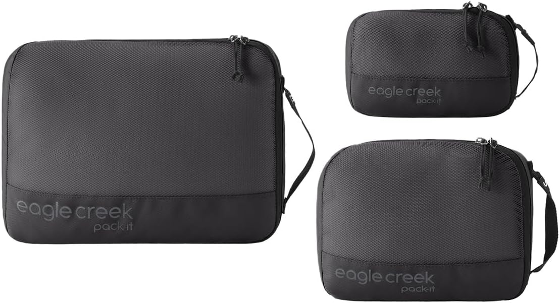 Eagle Creek Pack-It Reveal Cube Set - Packing Cubes for Compartmentalizing Luggage - Durable - Ultra-Lightweight - Water-Resistant - Easy Grab Zipper Pull - Mesh Windows - Black - XS/S/M