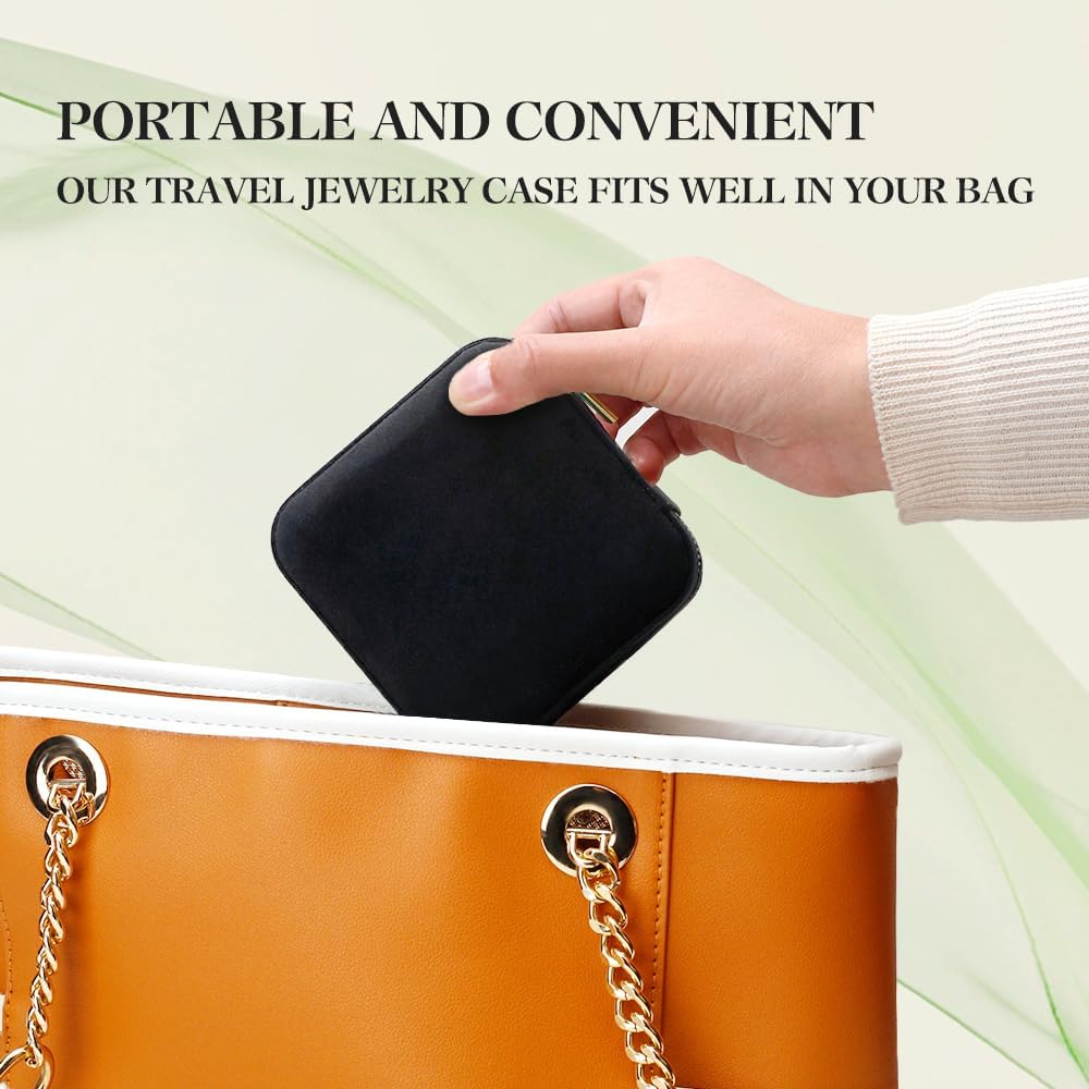 Travel Jewelry Case, Small Plush Velvet Jewelry Box for Women and Girls, Portable Jewelry holder organizer for Rings Earrings Necklaces Bracelets(Black)