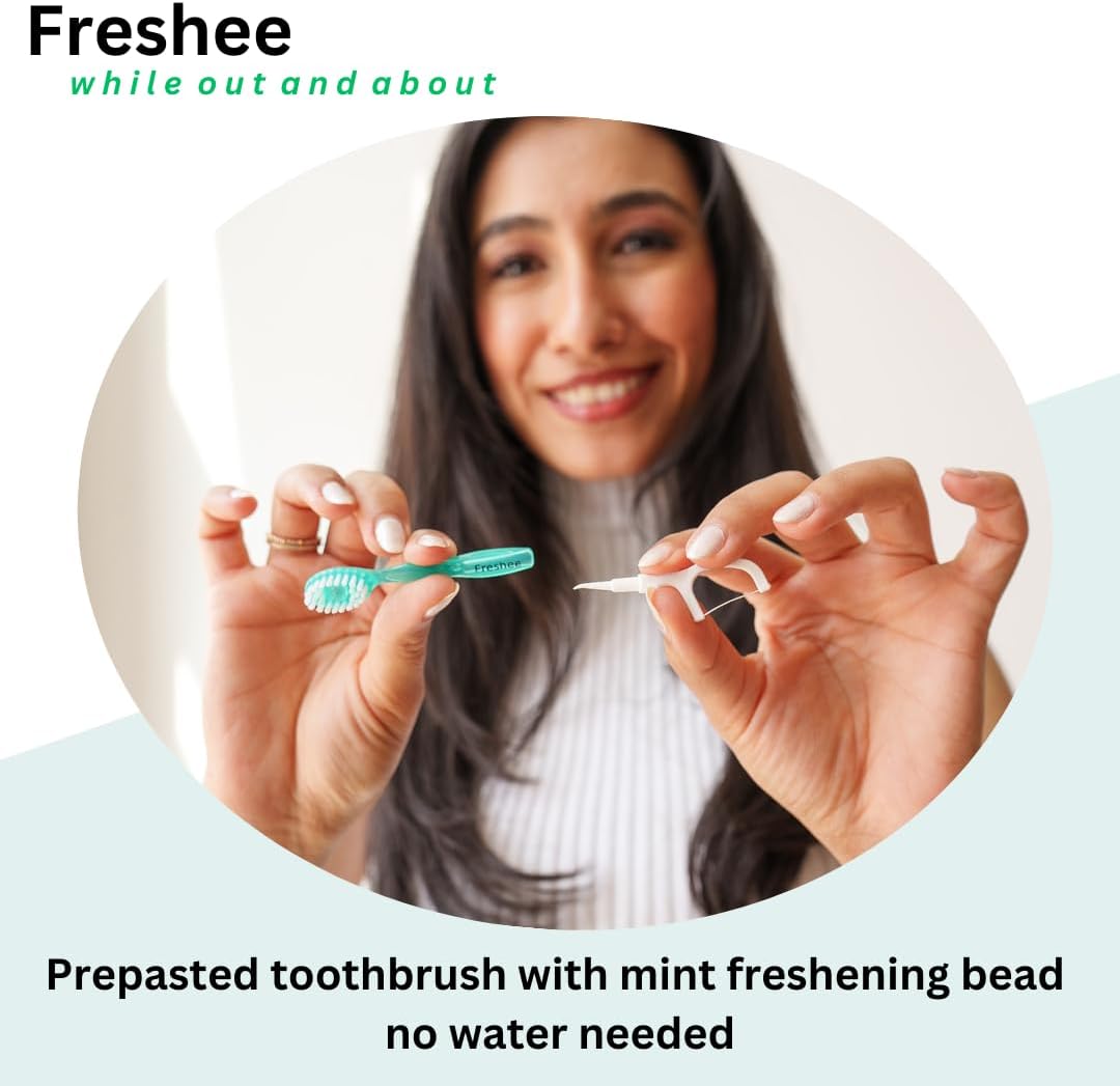 Freshee Bead -5 in 1 Disposable Mini Toothbrush with Refreshing Bead + Floss + Pick + Tongue Scraper | Travel Size | Individually Wrapped | Soft | Extra Minty | Travel Set