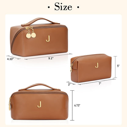 Birthday Gifts for Women Teen Girl, Personalized Initial Makeup Organizer Bag Set, Open Flat Travel Cosmetic Bag With Clear Divider and Handle(Brown,J)